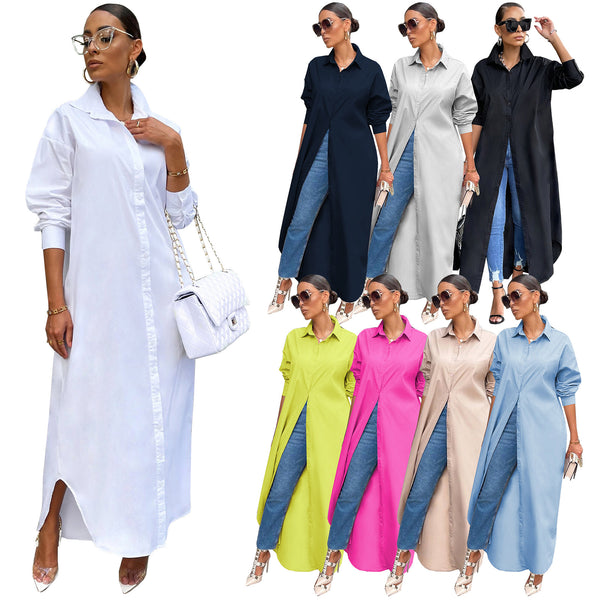 Women's Fashion Casual Solid Color Long Shirt Blouses