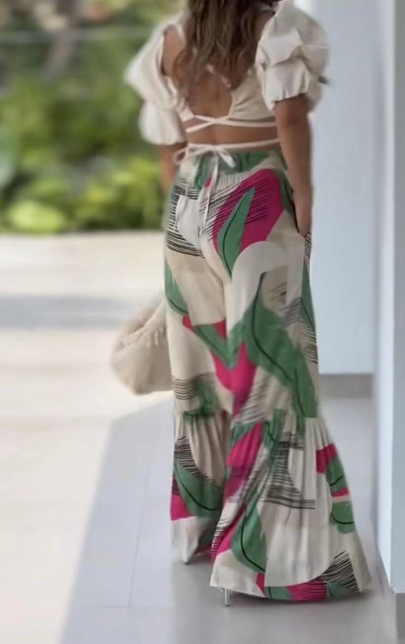 Bohemian Printed Elastic Waist Stitching Wide-leg Pants