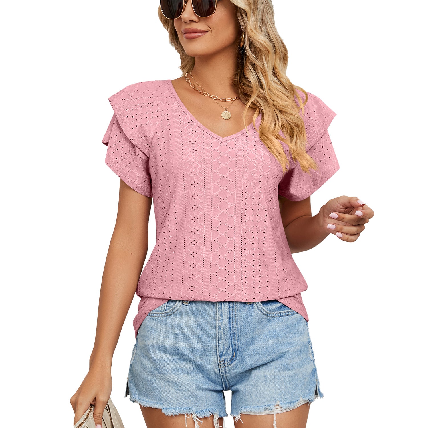 Women's Solid Color Double-layer Sleeve V-neck Loose Blouses