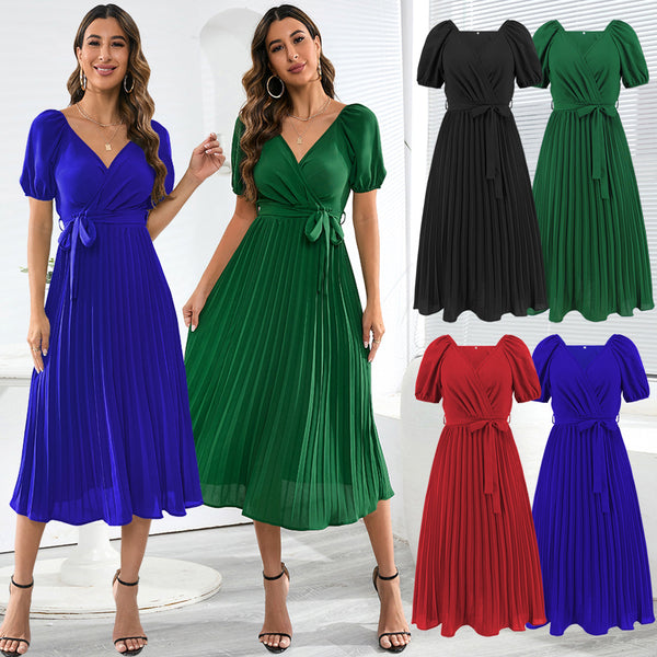 Women's Summer V-neck Puff Sleeve Lace-up Pleated Dresses