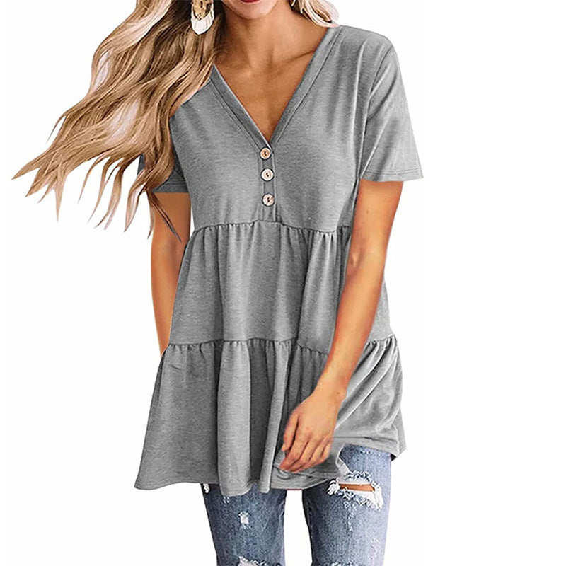 Women's V-neck Short-sleeved Pullover Solid Color Stitching Dresses