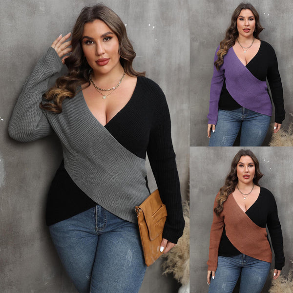 Women's Color Contrast Patchwork Deep V Cross Sweaters