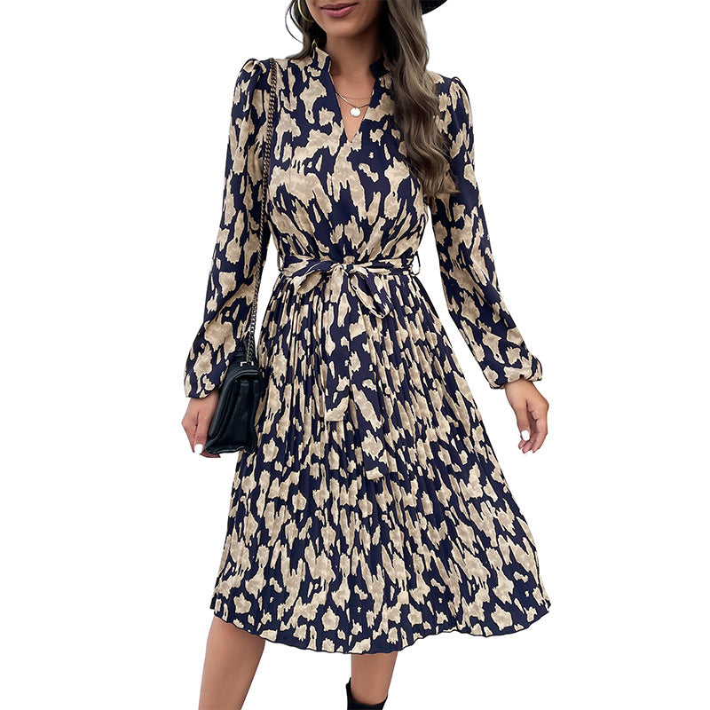 Women's Fashion Wear Spring Pleated Print Long Sleeve Dresses