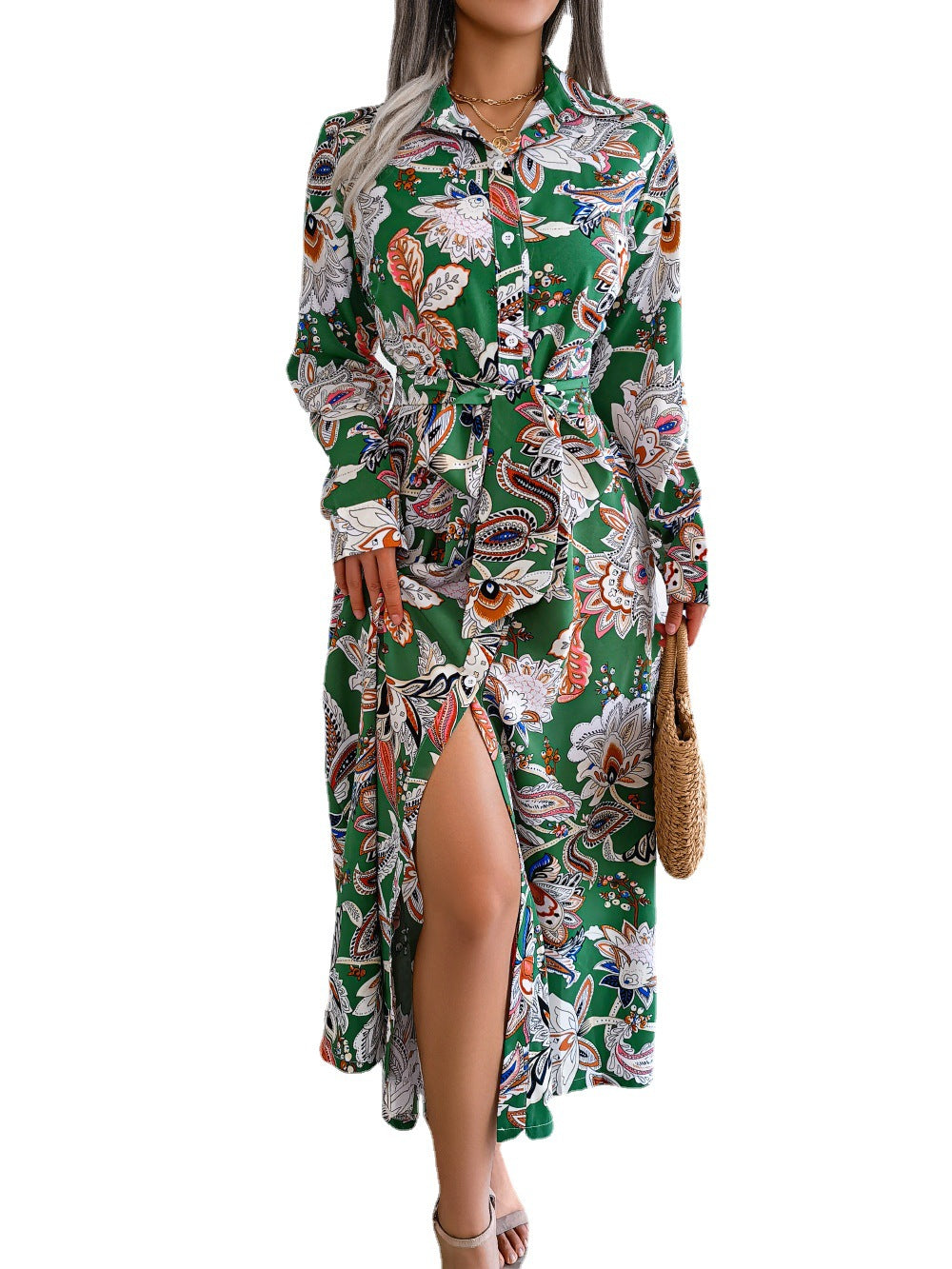 Women's Vintage Flower Lapel Tied Long Dresses