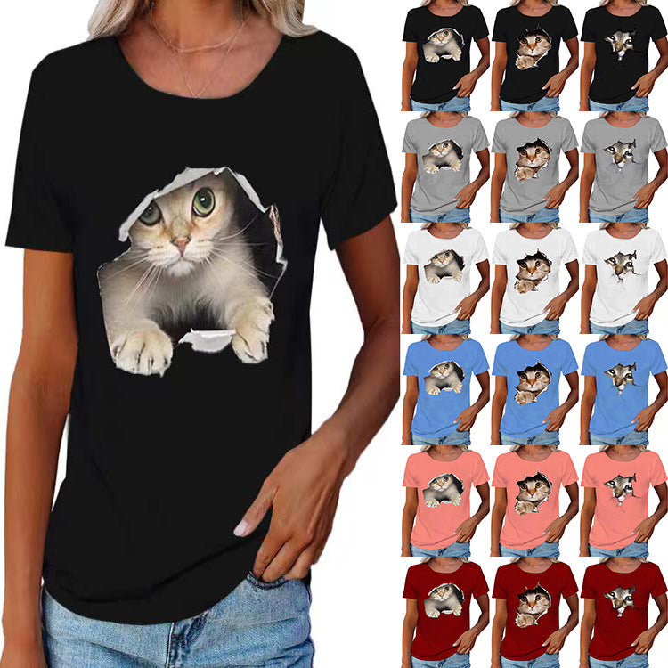 Women's Ripped Cat Round Neck Stylish Loose Blouses