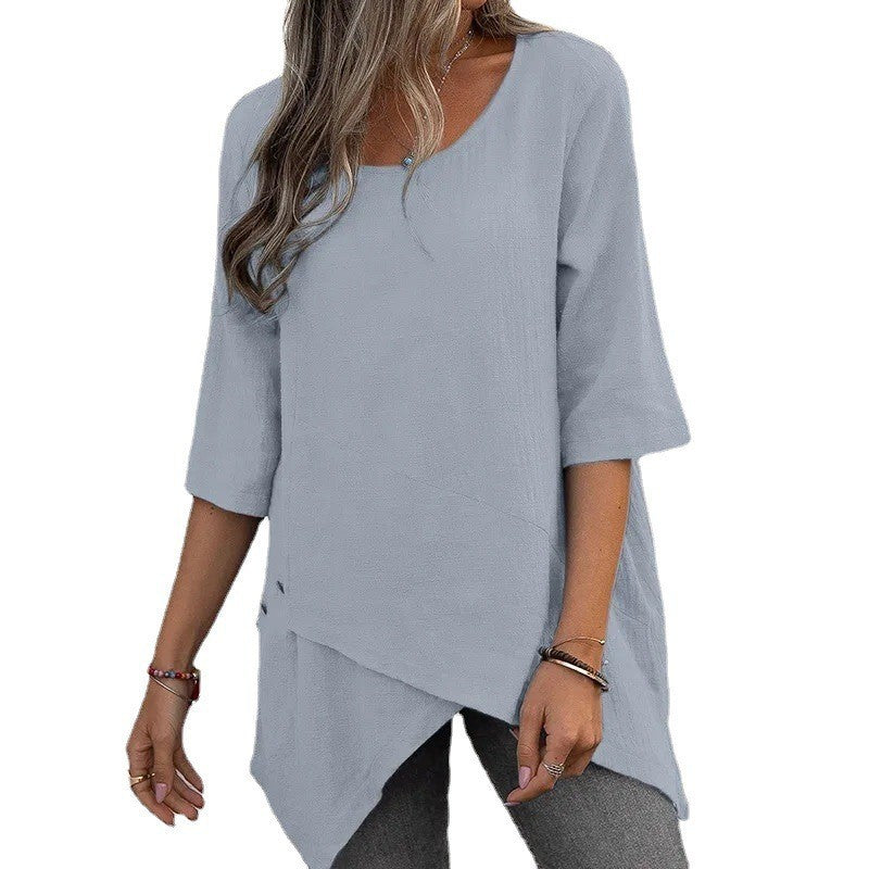 Women's Cotton Linen Irregular Shirt Half Sleeve Blouses