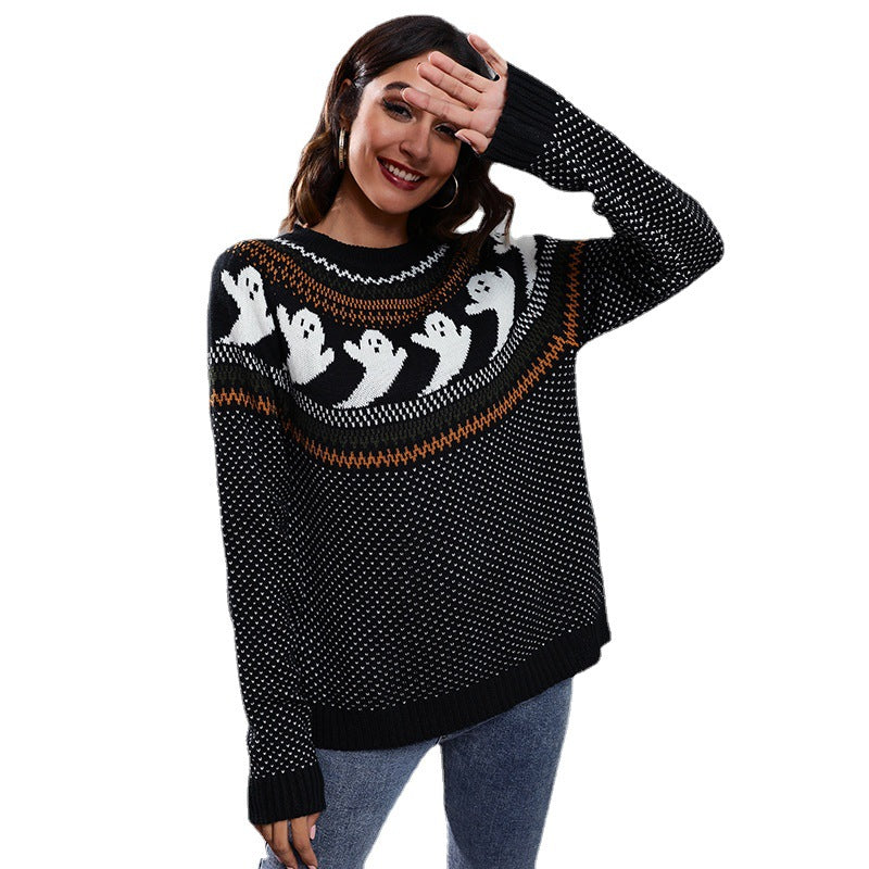 Damen Halloween Ghost Retro Dots Langarm-Strickpullover