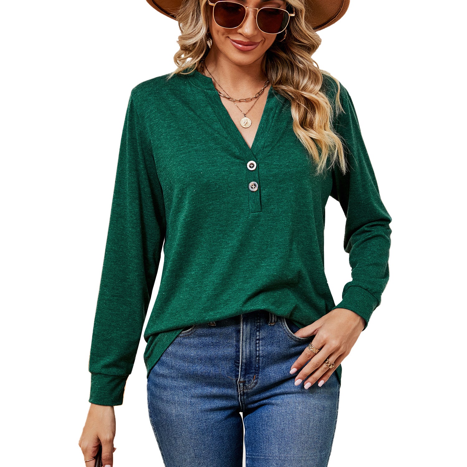 Women's Solid Color And Button Loose Long-sleeved Tops