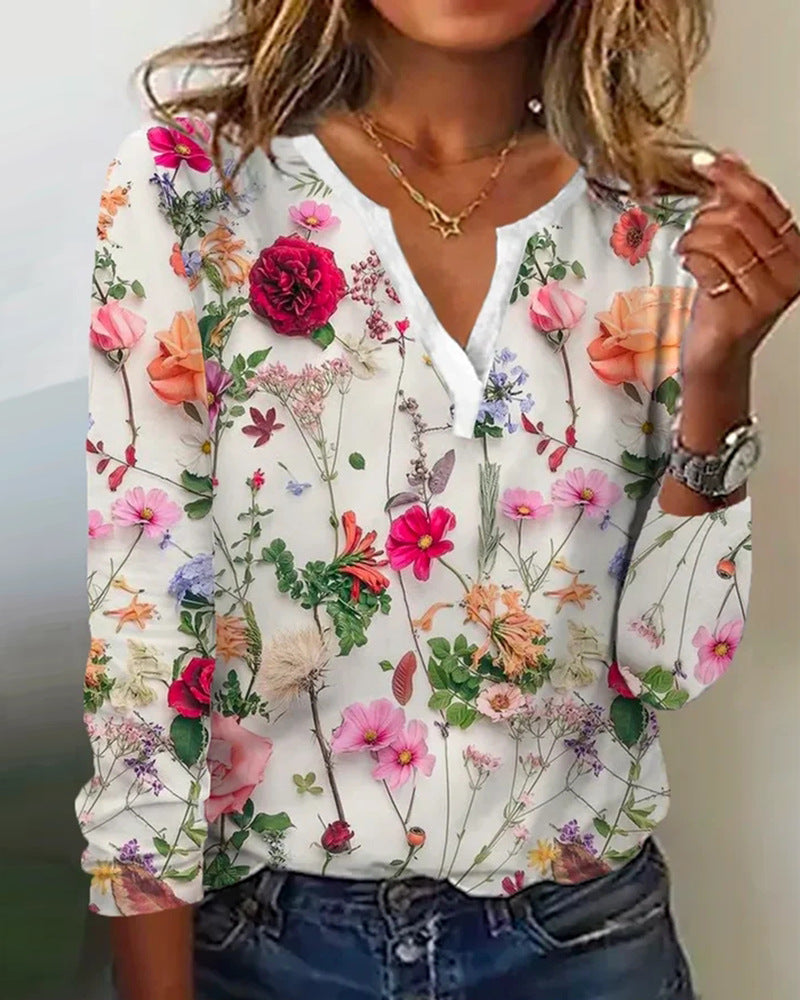 Women's Summer Trendy Printed V-neck Long-sleeved Blouses