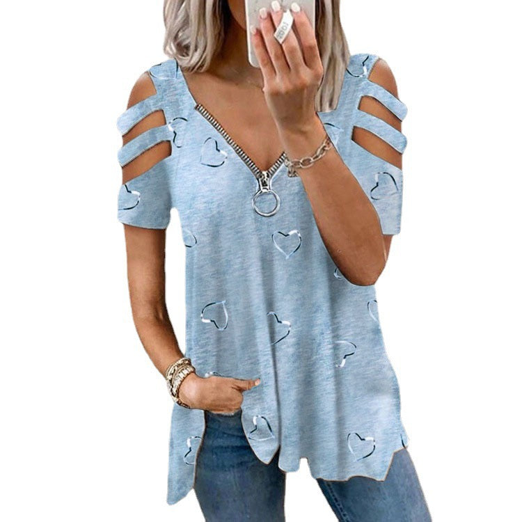 Women's Collar Zipper Print Sleeve Loose-fitting Blouses