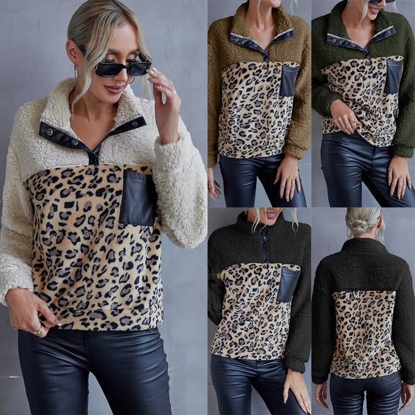 Women's Leopard Color Matching Casual Lamb Fur Sweaters