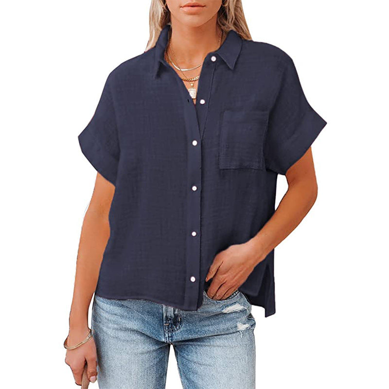 Women's Summer Cotton Linen Short-sleeved Casual Pocket Blouses