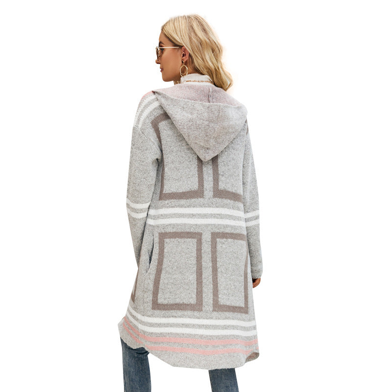 Women's Long Temperament Commute Striped Hooded Plaid Sweaters