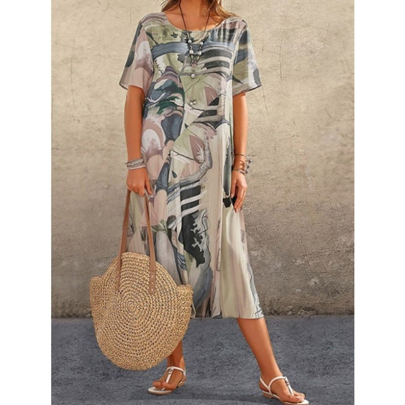 Printing Summer Sleeve Loose Round Neck Dresses