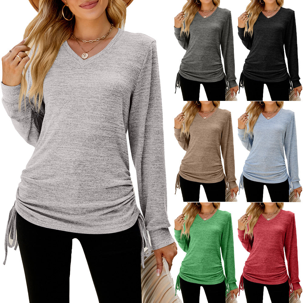 Color Long Sleeve V-neck Pleating Loose-fitting Ladies Blouses
