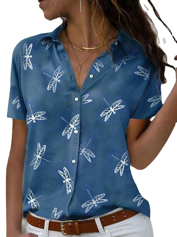 Women's Shirt Summer Dragonfly Flower Print Sleeve Blouses