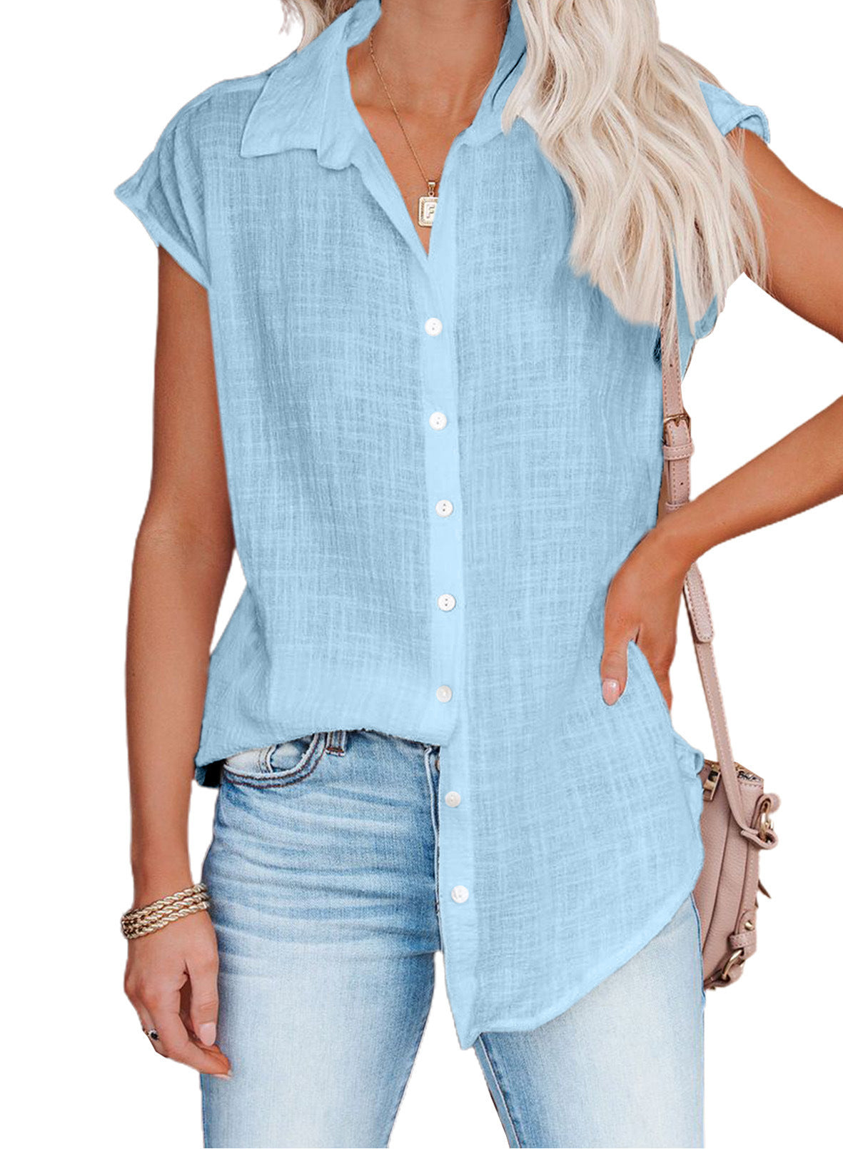 Women's Summer Solid Color Single-breasted Shirt Casual Tops