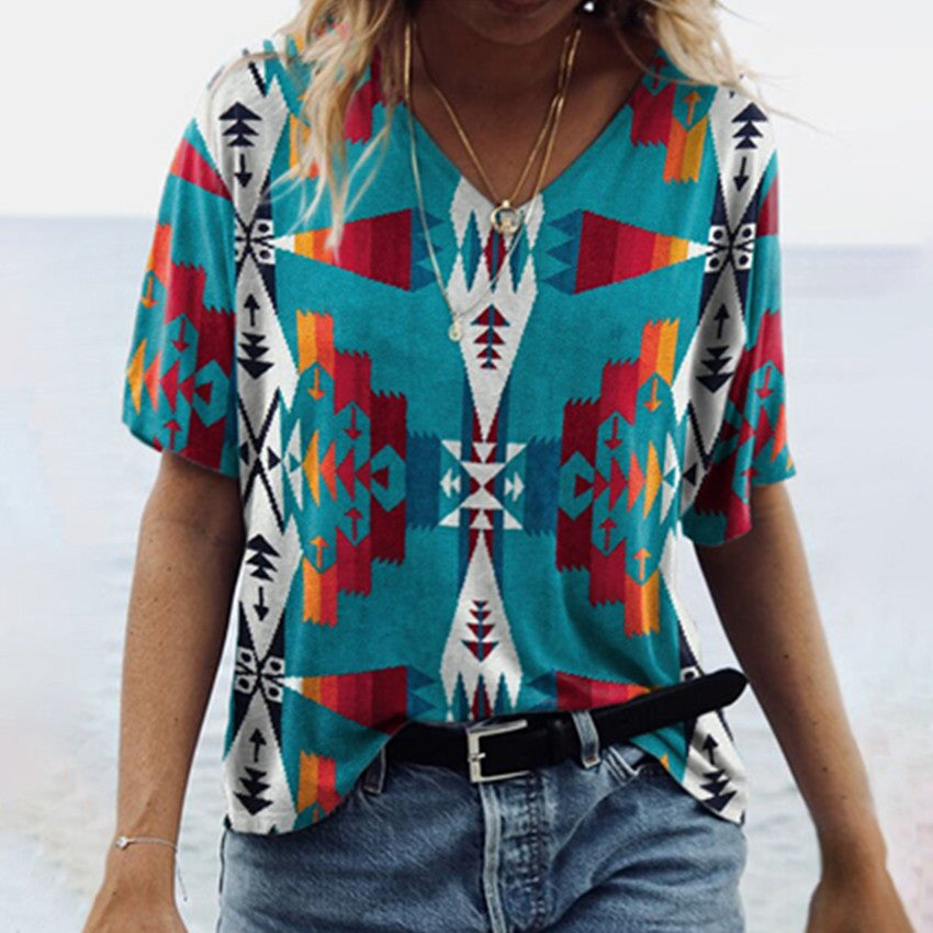 Women's Vintage Printed Geometric Pattern V-neck Sleeve Tops