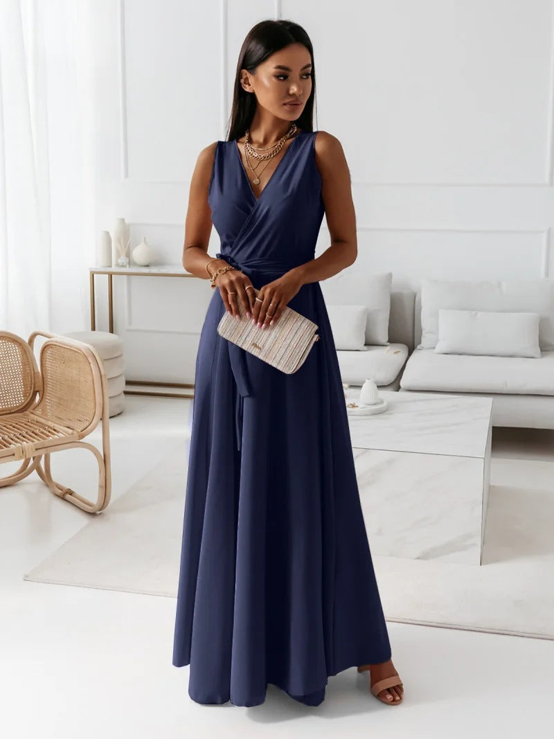 Women's Attractive Tied V-neck Party Long Dresses