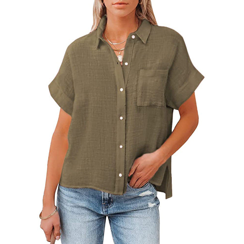 Women's Summer Cotton Linen Short-sleeved Casual Pocket Blouses