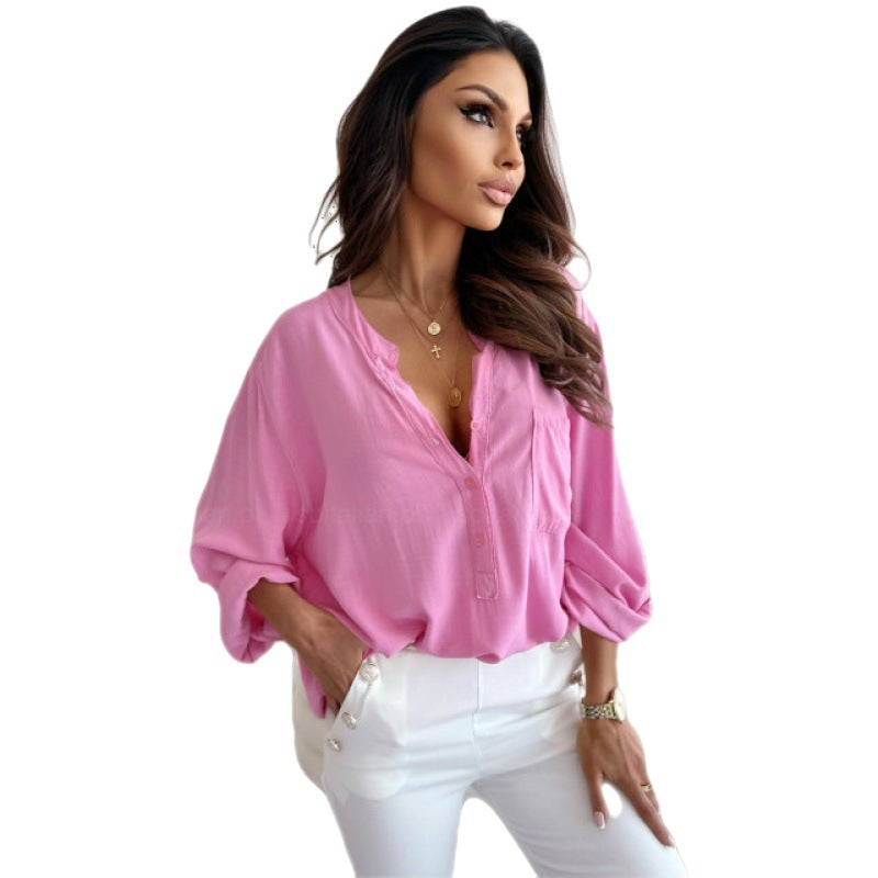 Simple Loose Half-open Collar Single-breasted Solid Blouses