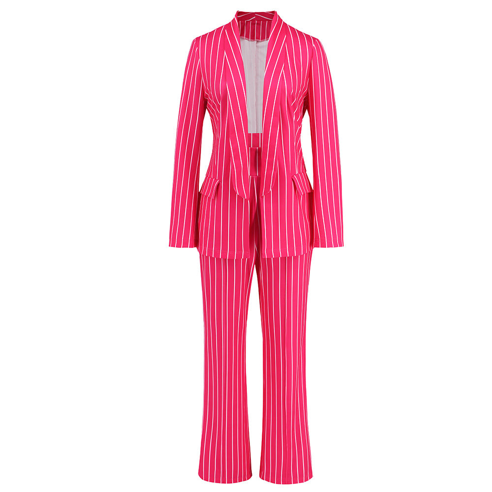 Women's Casual Striped Lapel Long Sleeve Loose Suits