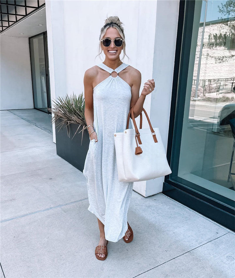 Off-the-shoulder Casual Comfortable Halter Long Pocket Dresses