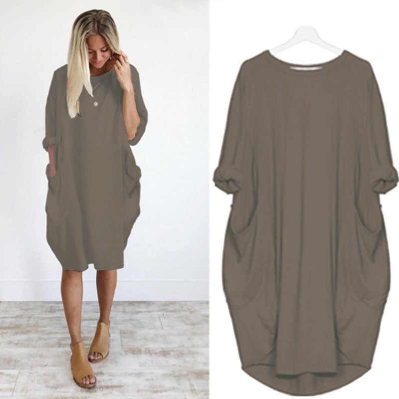 Women's Autumn Long Sleeve Round Neck Solid Color Loose Pockets Dresses