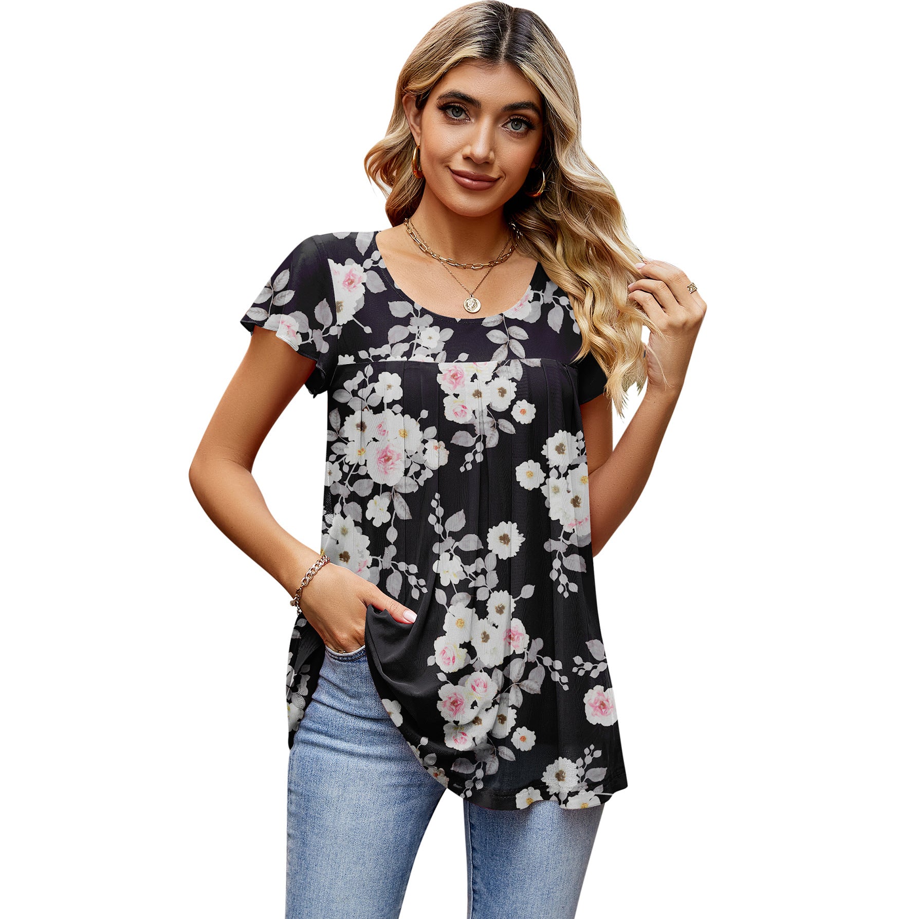 Women's Summer Mesh Loose Pleated Printed Elegant Blouses