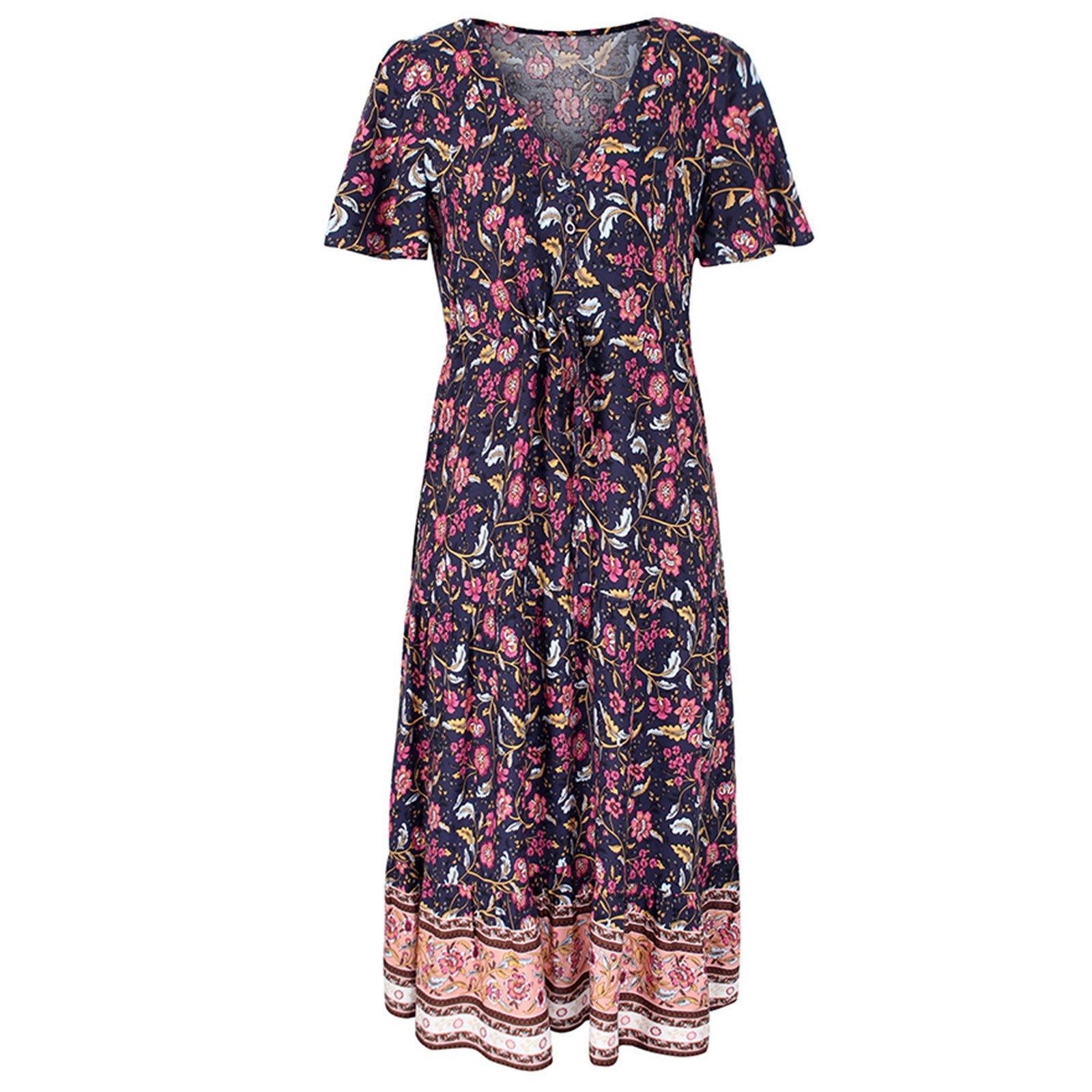 Women's Fit Small Floral Print Mid-length V-neck Dresses