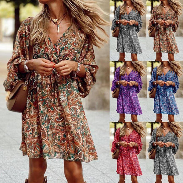 Summer Mid-waist Pullover Midi Sleeve Printed Dresses