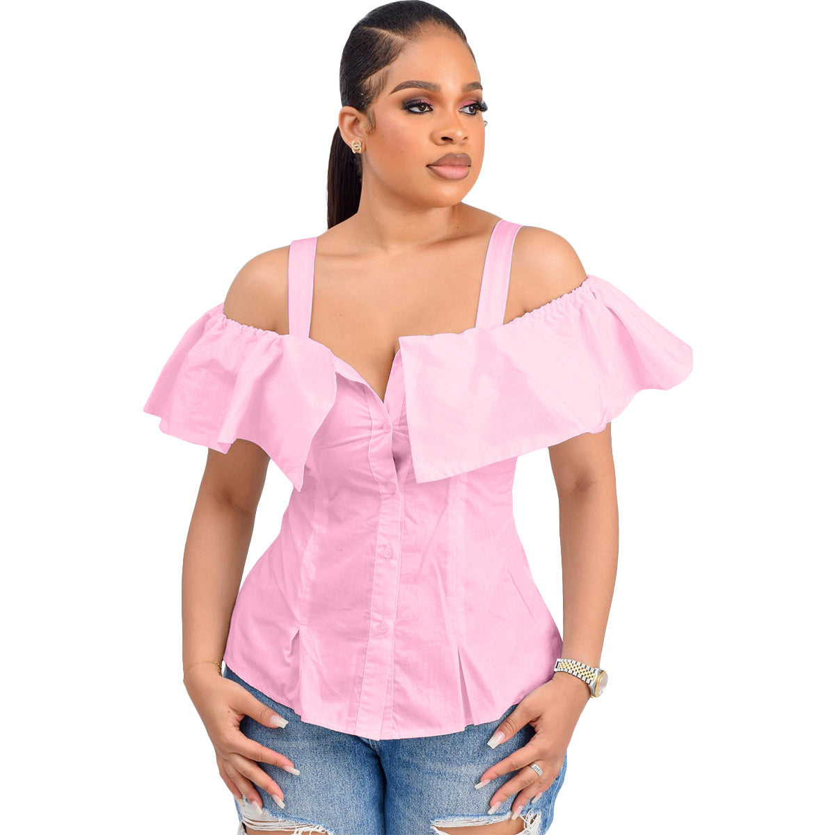 Women's Shirt Button Ruffled Spaghetti Straps Adjustable Blouses