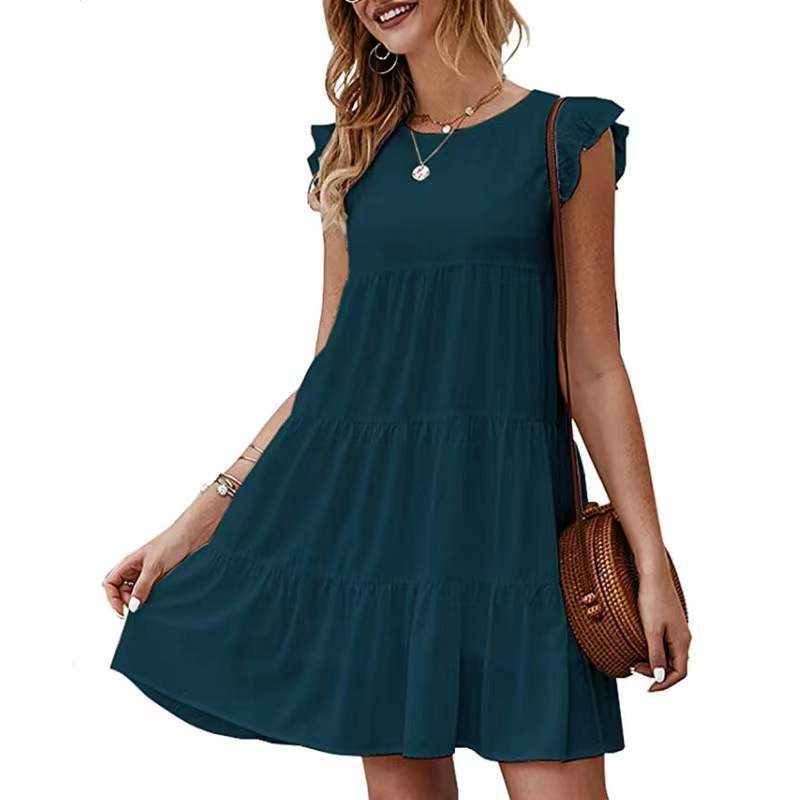 Color Round Neck Sleeves Casual Cake Pleated Dresses