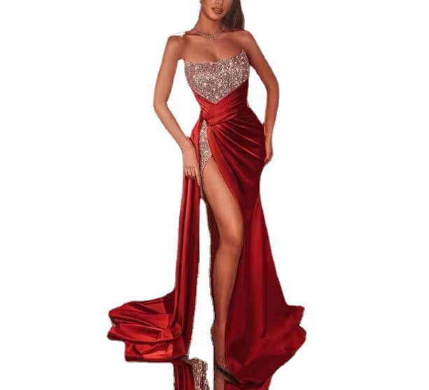 Women's Sequined Slit Plus-sized Long Sexy Off-the-shoulder Tube Dresses