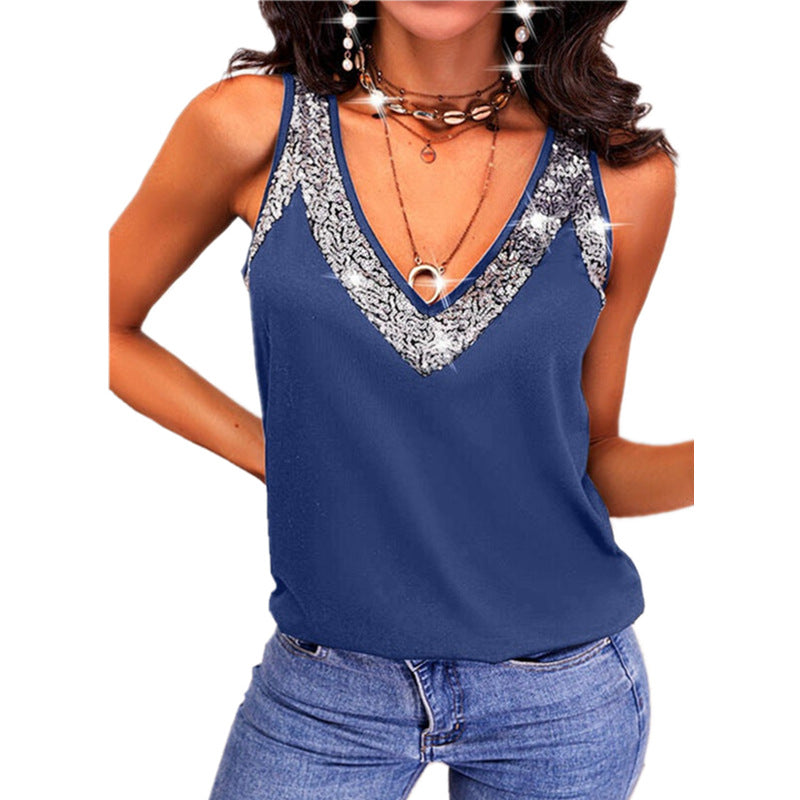 Women's Summer Solid Color Sequin Sleeveless T-shirt Tops