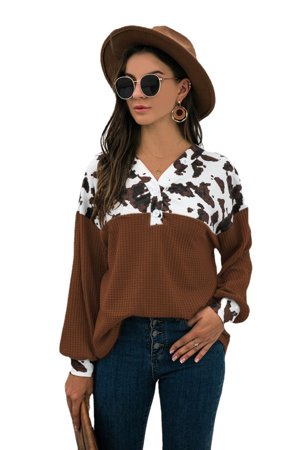 Women's Printed Stitching Loose Casual Leopard Button Long Blouses