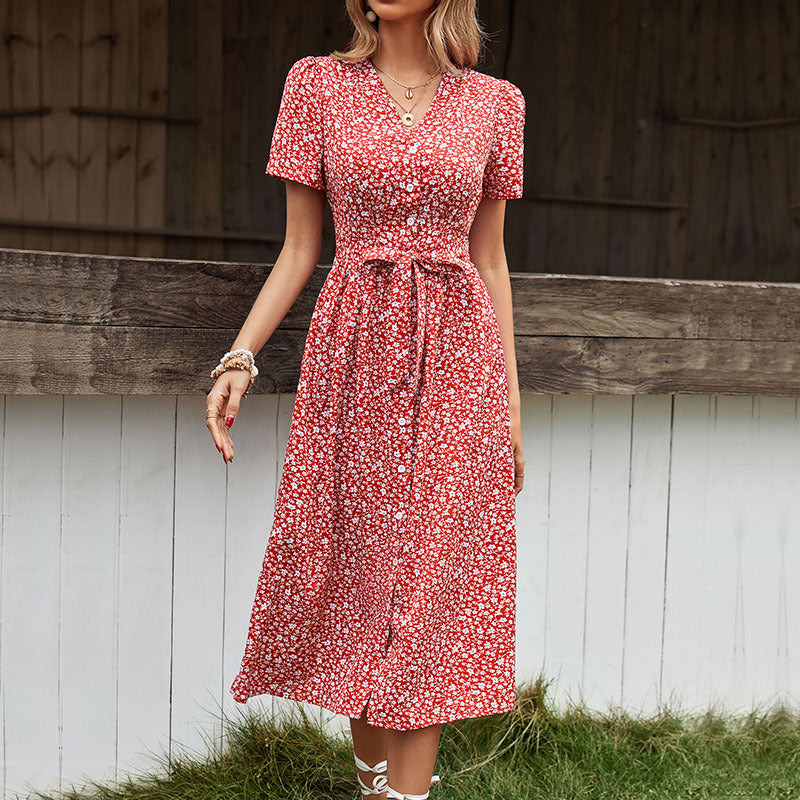 Robes d'été classiques à col en V et à fleurs pour femmes