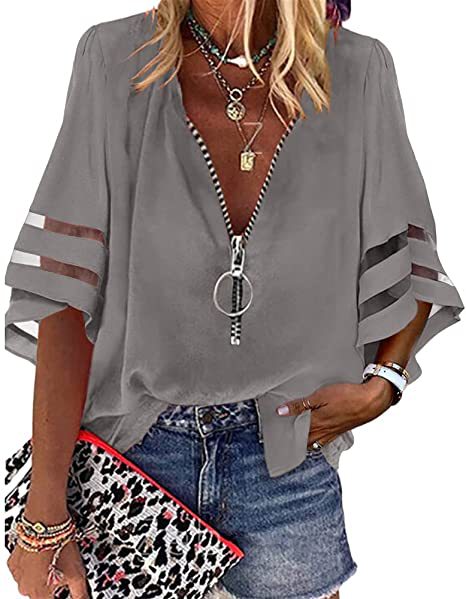 Women's Zipper Half Bell Sleeve Mesh Stitching Loose Casual Blouses