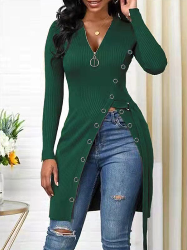 Women's V-neck Long Sleeve High Zipper T-shirt Blouses