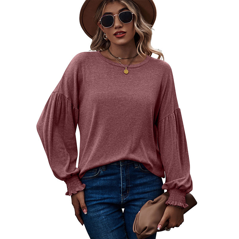 Women's Round Neck Pleated Lantern Sleeve Long Blouses