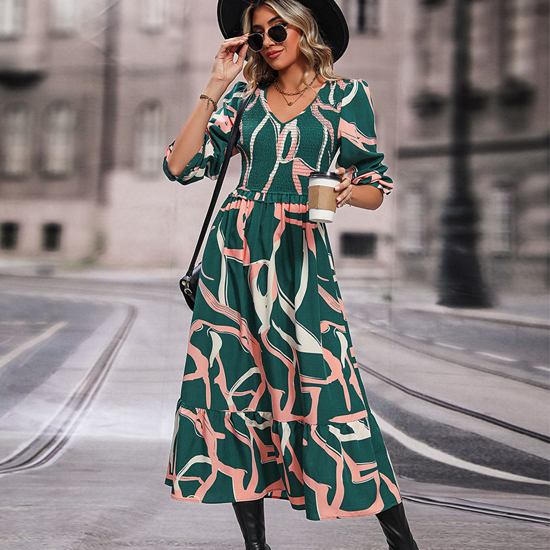 Women's Autumn Fashion Wear Printed Long-sleeved Dress Dresses