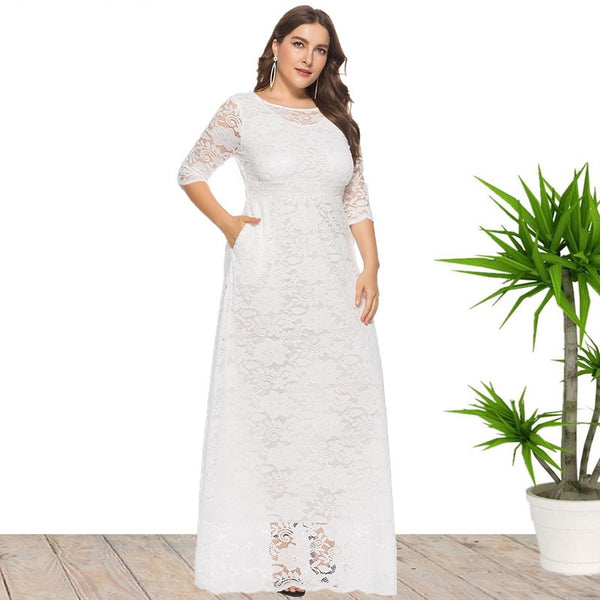 Women's Large Hollow Lace Pocket High Long Dresses