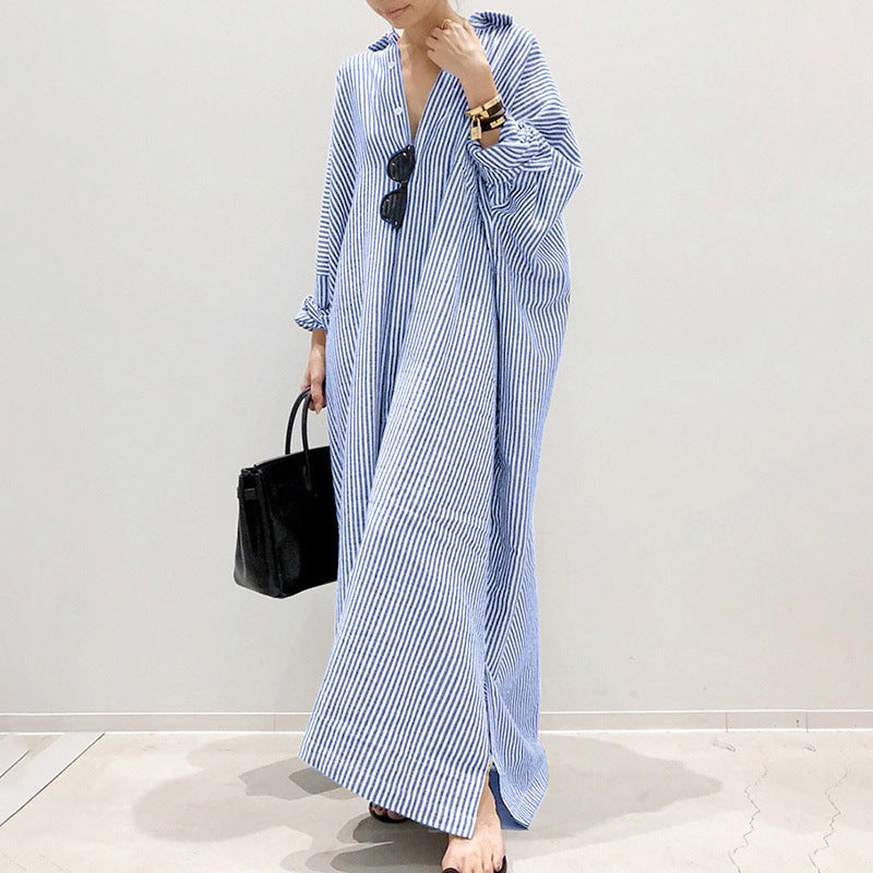 Women's Cotton Linen Stripes Shirtdress Long Sleeve Dresses