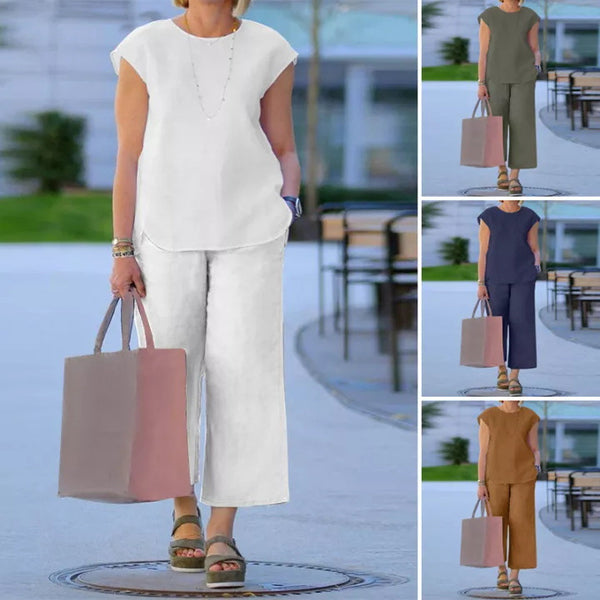 Women's Summer Solid Color 2-piece Round Neck Suits