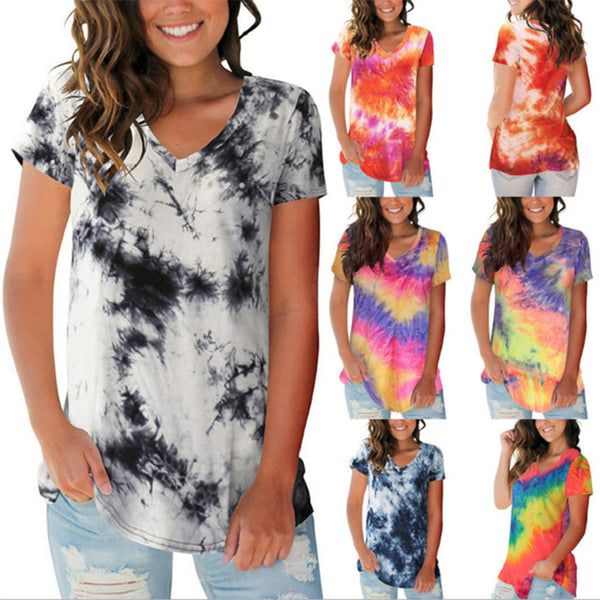 Women's Summer Street Hipster Pullover Tie-dyed V-neck Blouses