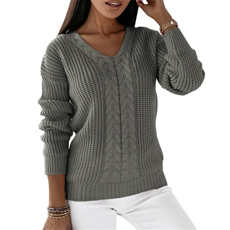 Women's Long Sleeve V-neck Solid Color Twist Casual Sweaters