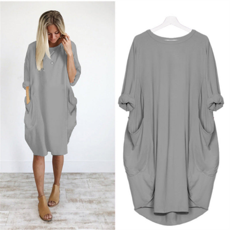 Women's Autumn Long Sleeve Round Neck Solid Color Loose Pockets Dresses