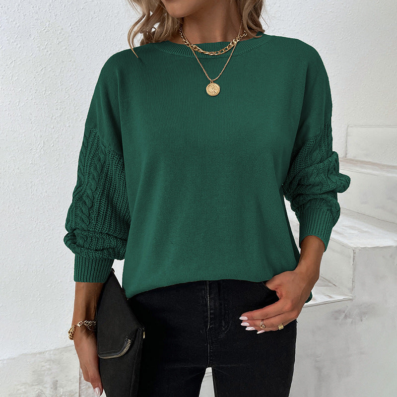 Women's Solid Color Round Neck Cable-knit Lantern Sweaters