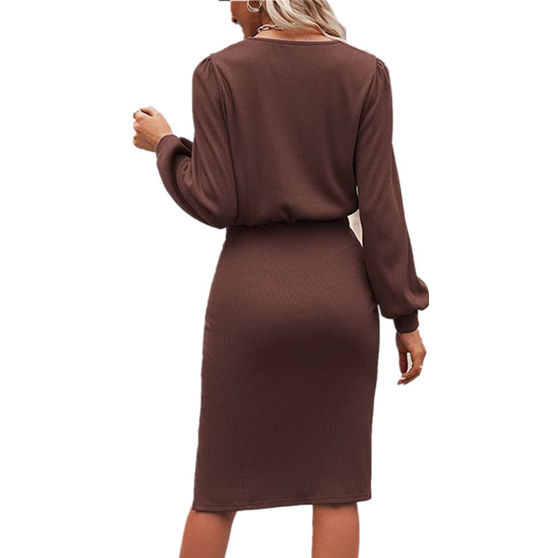 Women's Waist Lantern Long Sleeve Knitted Dress Dresses