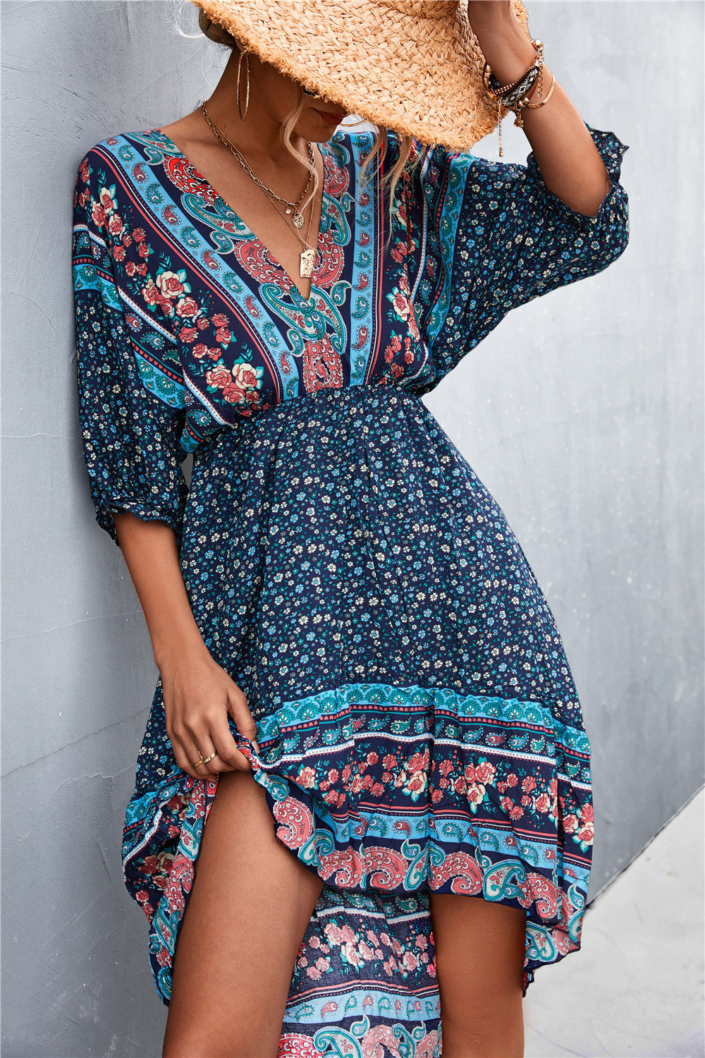 Bohemian V-neck Flower Irregular Backless Dress Dresses